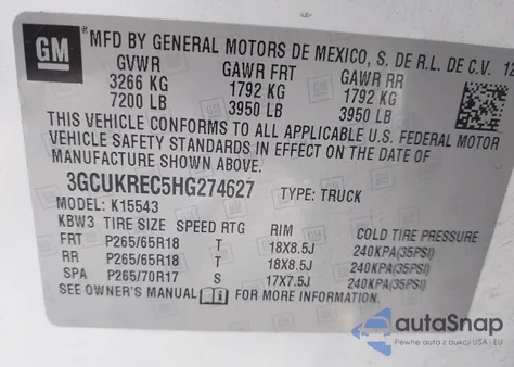 2017 Chevrolet K1500 1Lt from USA, damaged, VIN 3GCUKREC5HG274627